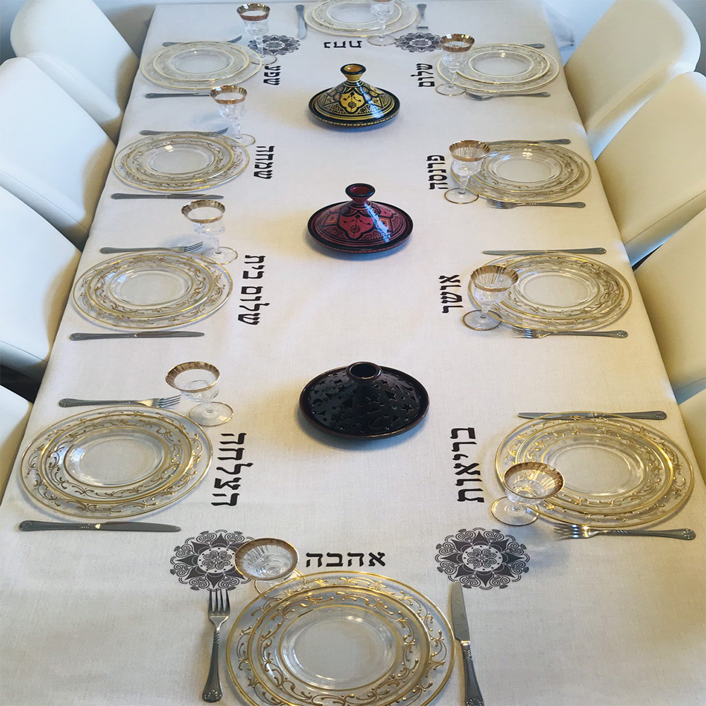 Elegant Brown Brachot tablecloth designed by Broderies de France, perfect for Shabbat and Yom Tov celebrations.